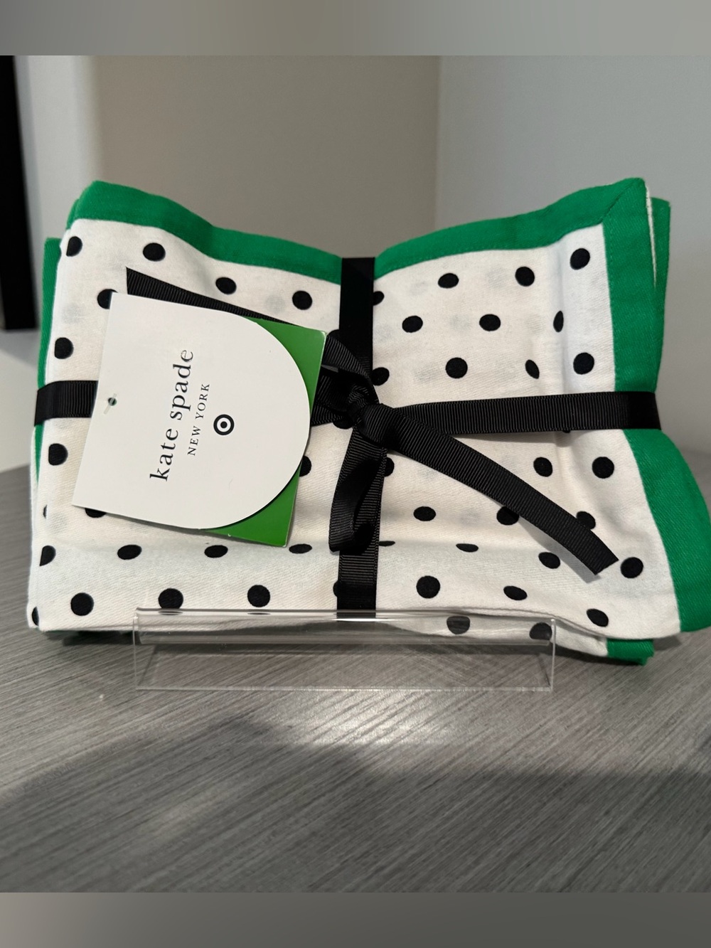 kate spade White and Black Polka Dot Napkins with Green Border - Picture 1 of 4